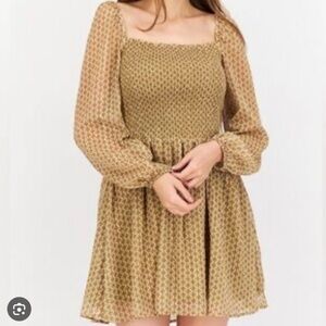 Elegant Gold and Cream Patterned Smocked Dress